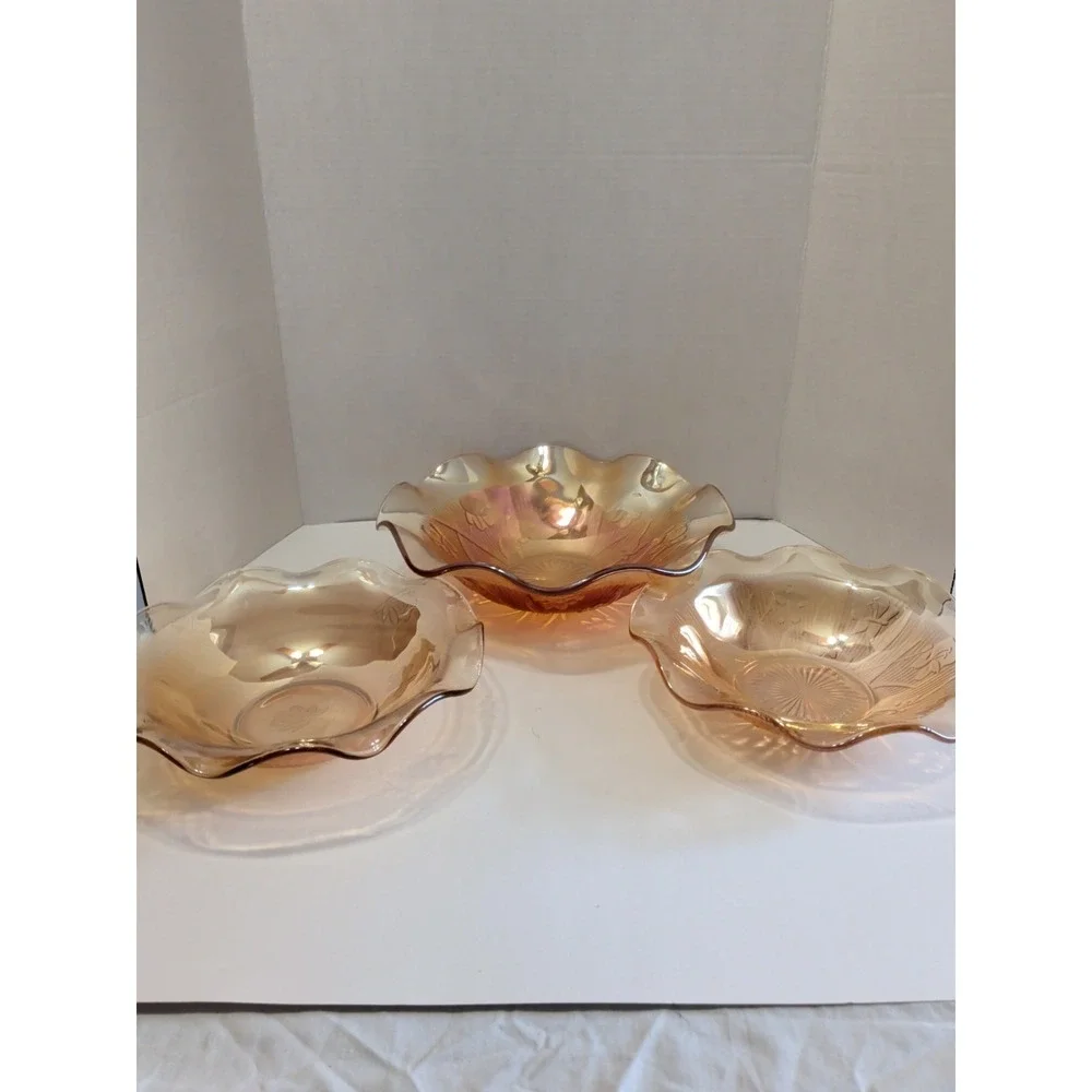 Jeannette Glass Iris Herringbone Marigold Carnival Iridescent Bowls Set of 3